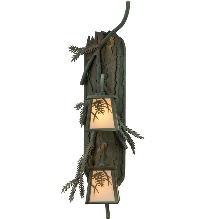 Beige Art Glass Pinecone 2-Light Lantern Sconce in Antique Copper