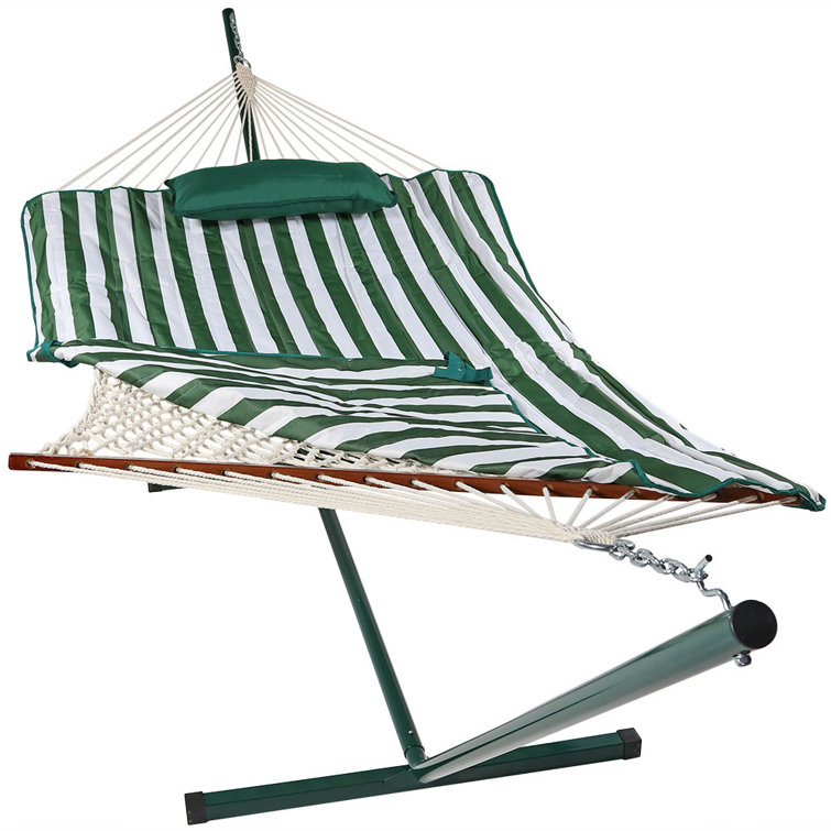 Green and White Stripe Cotton Rope Hammock with Steel Stand