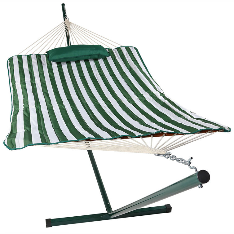Green and White Stripe Cotton Rope Hammock with Steel Stand