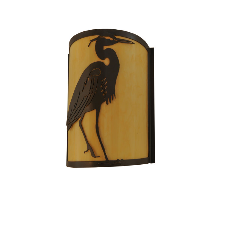 Bronze Heron Design Wall Sconce with Amber Glass