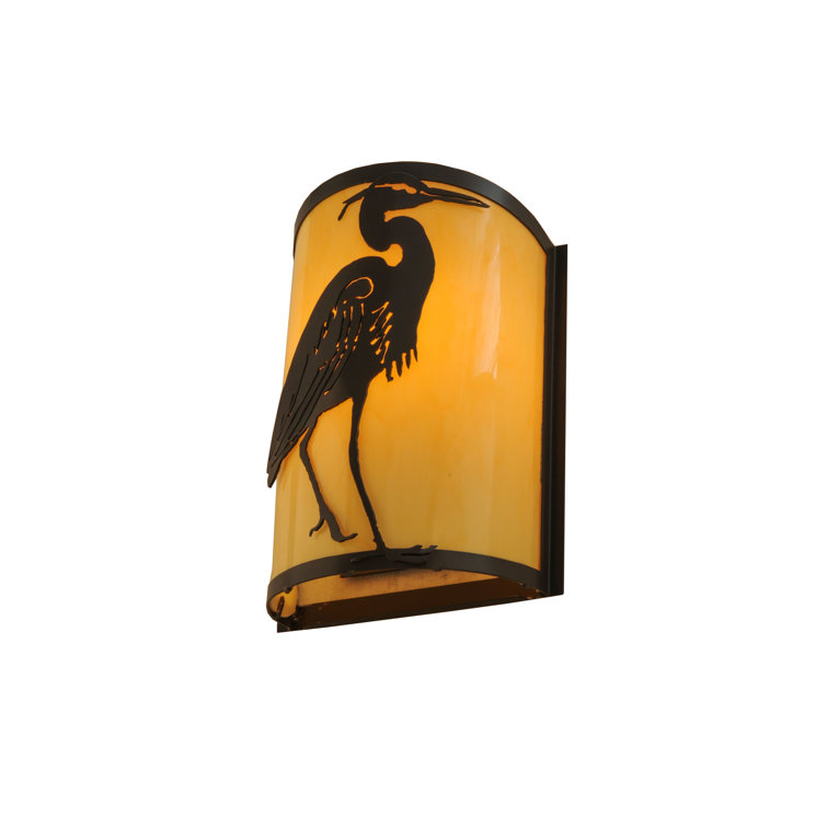 Bronze Heron Design Wall Sconce with Amber Glass