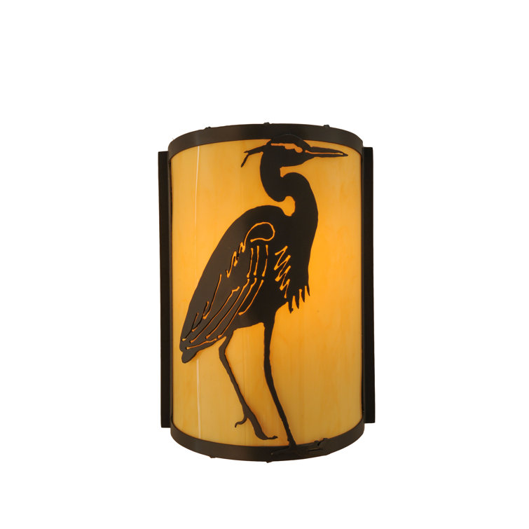 Bronze Heron Design Wall Sconce with Amber Glass