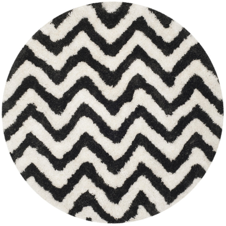 Ivory and Black Round Hand-Tufted Chevron Shag Rug