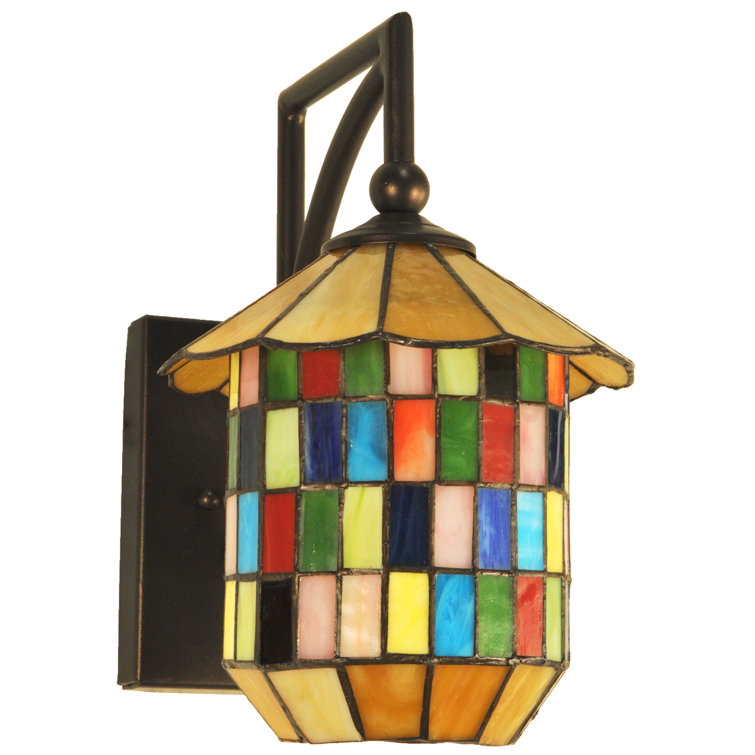 Meyer Bronze Lantern 1-Light Wall Sconce with Art Glass Shade