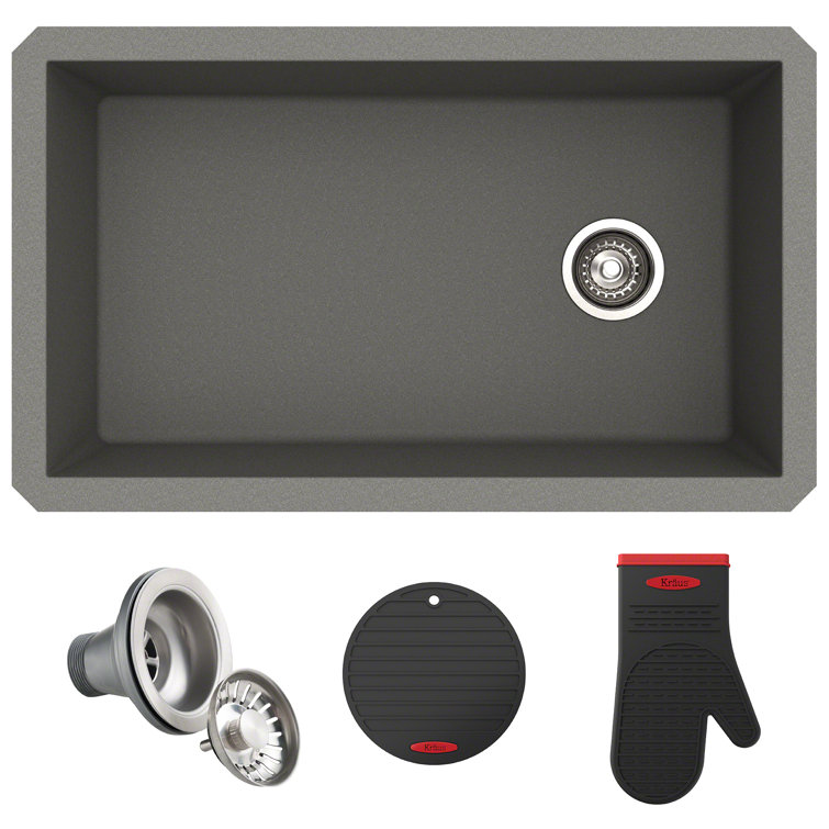Gray 32-inch Undermount Single Bowl Granite Kitchen Sink