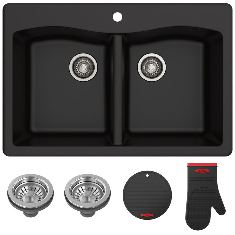 33-Inch Black Granite Double Bowl Drop-In Kitchen Sink