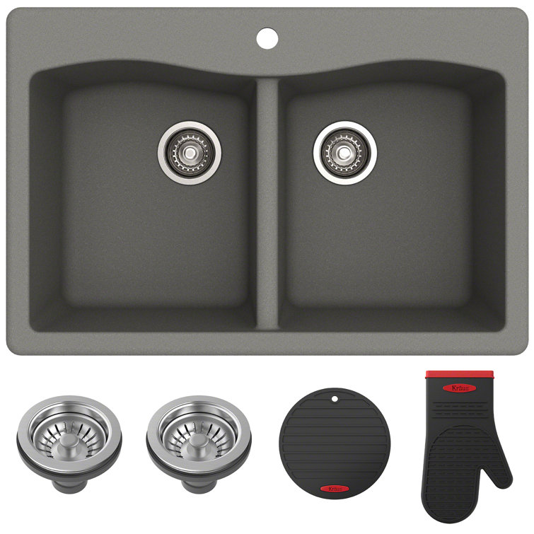 Gray Granite Dual Bowl Drop-In Kitchen Sink with Accessories