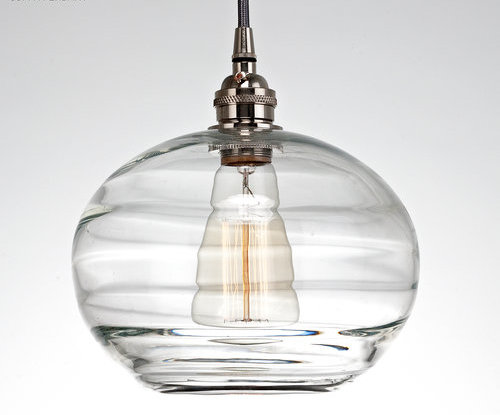 Coppa 8" Handmade Blown Glass Drum Pendant in Matte Black & Silver