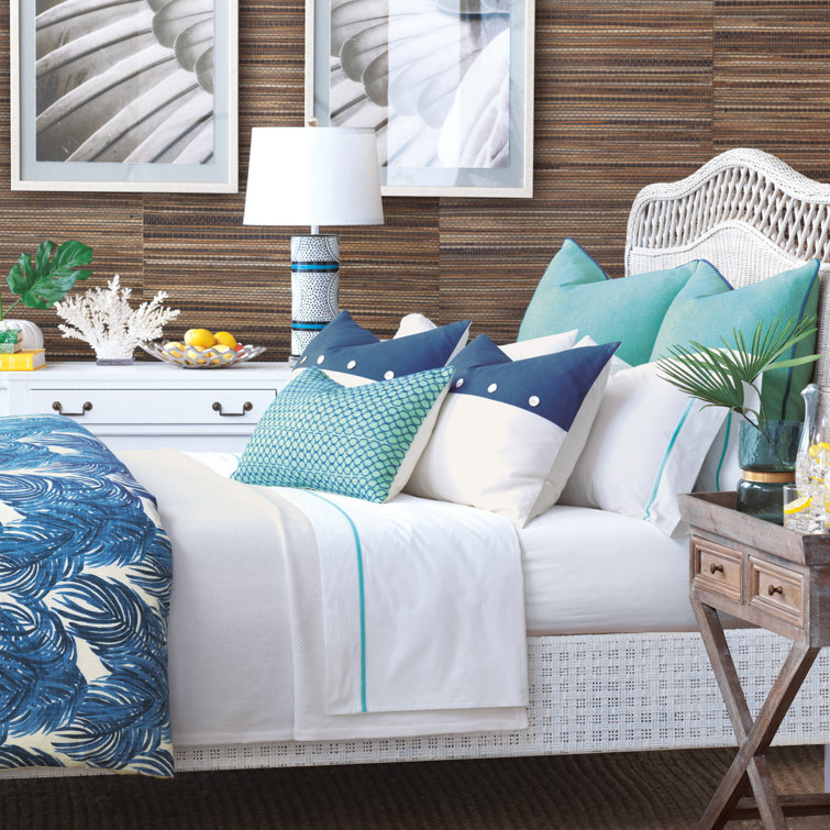 Malia Queen Cotton Coastal Blue Palm Leaf Duvet Cover