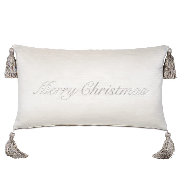 White Embroidered Polyester Lumbar Holiday Pillow with Tassels