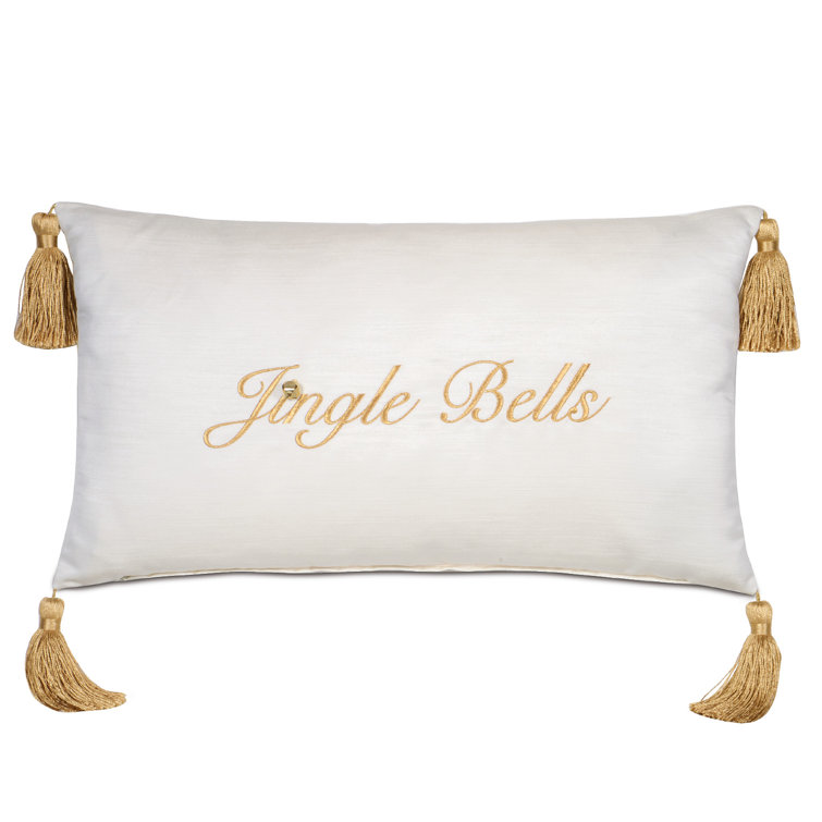 White and Gold Embroidered Lumbar Pillow with Tassels