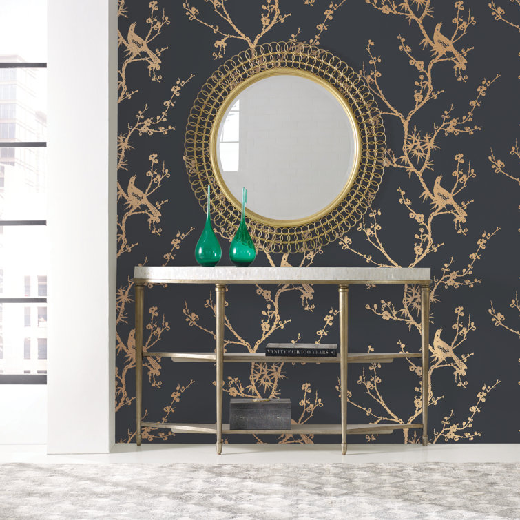 Black and Gold Chinoiserie Bird Peel and Stick Wallpaper
