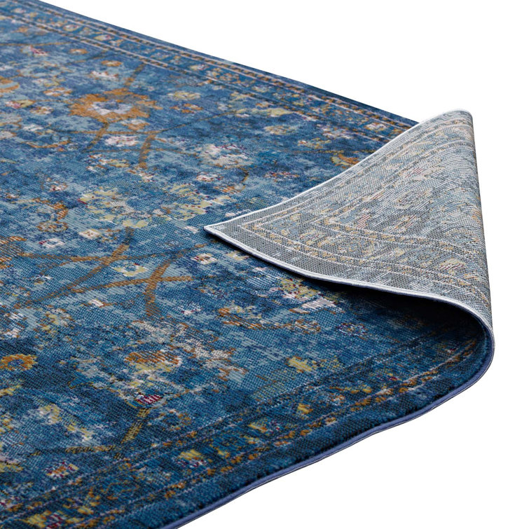 8' x 10' Dark Blue Floral Synthetic Area Rug