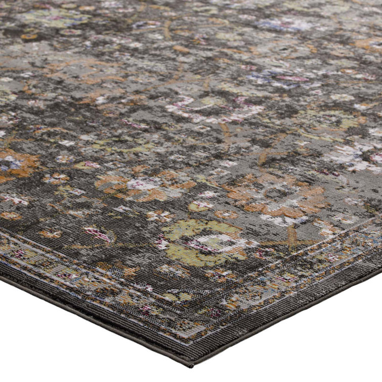 Minu Distressed Floral Lattice 4' x 6' Black and Orange Area Rug