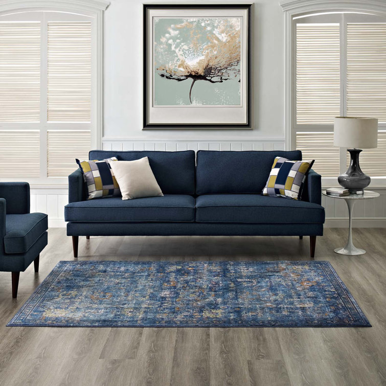 Elegant Distressed Floral Lattice 4' x 6' Dark Blue Area Rug