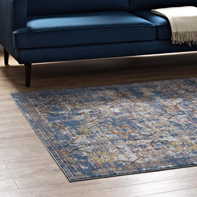 Minu Blue Gray Yellow Orange Floral Synthetic 4' x 6' Area Rug