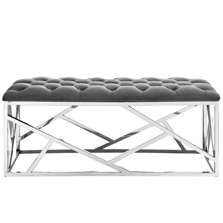 Elegance Luxe Silver Gray Tufted Velvet Bench with Stainless Steel Base