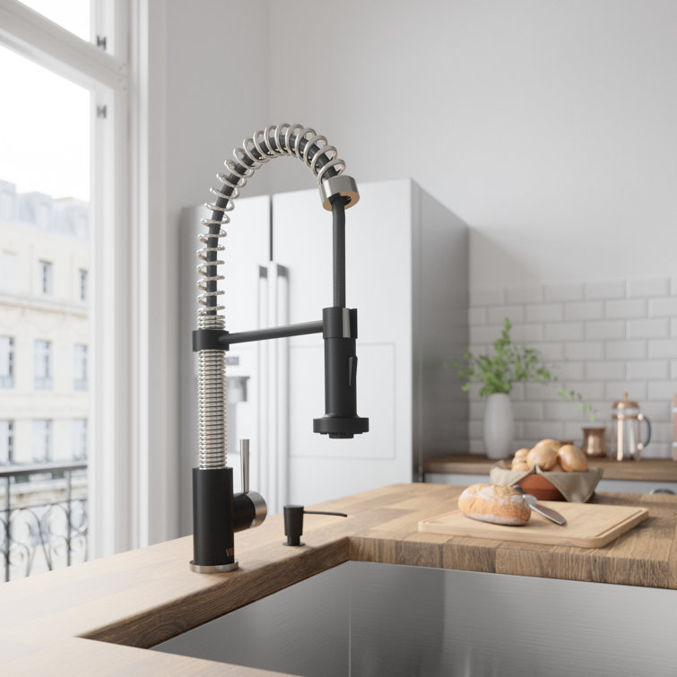 Edison 19" Stainless Steel and Matte Black Pull-Down Kitchen Faucet with Soap Dispenser