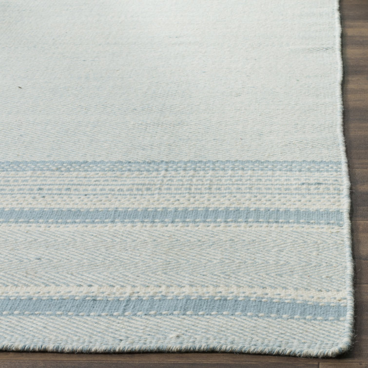 Light Blue and Ivory Handwoven Wool and Cotton 4' x 6' Area Rug
