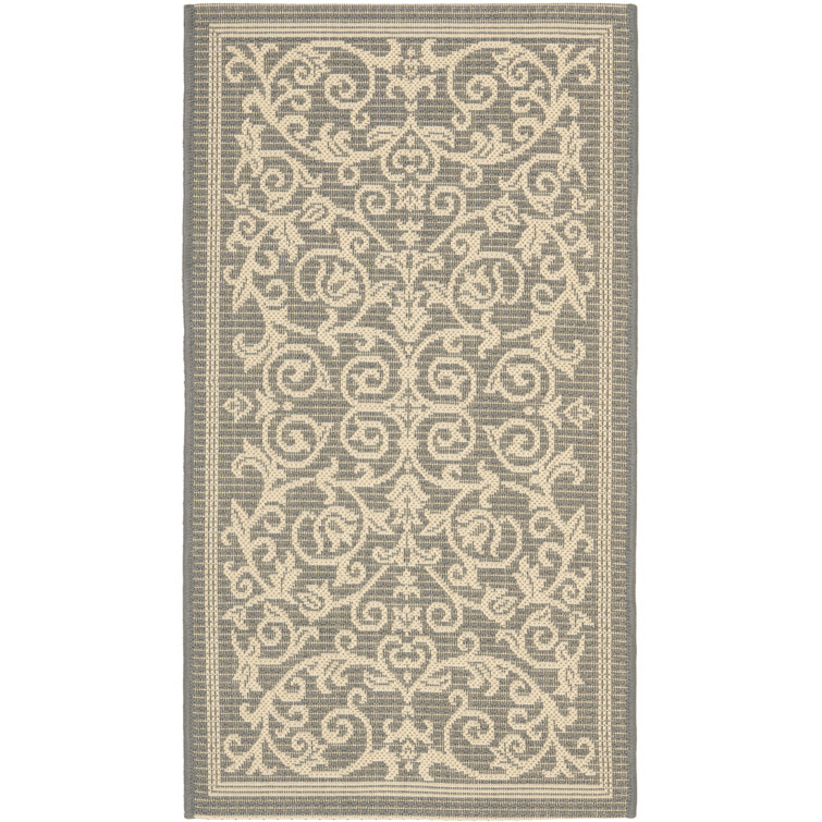 Gray Rectangular Baroque Print Synthetic Outdoor Area Rug