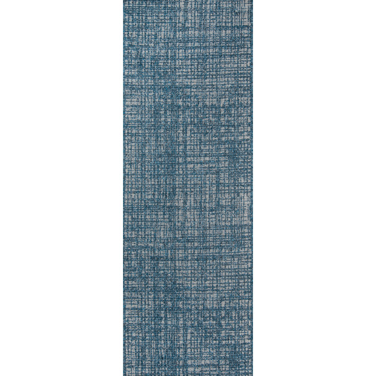 Navy Blue Geometric Synthetic Indoor/Outdoor Runner Rug