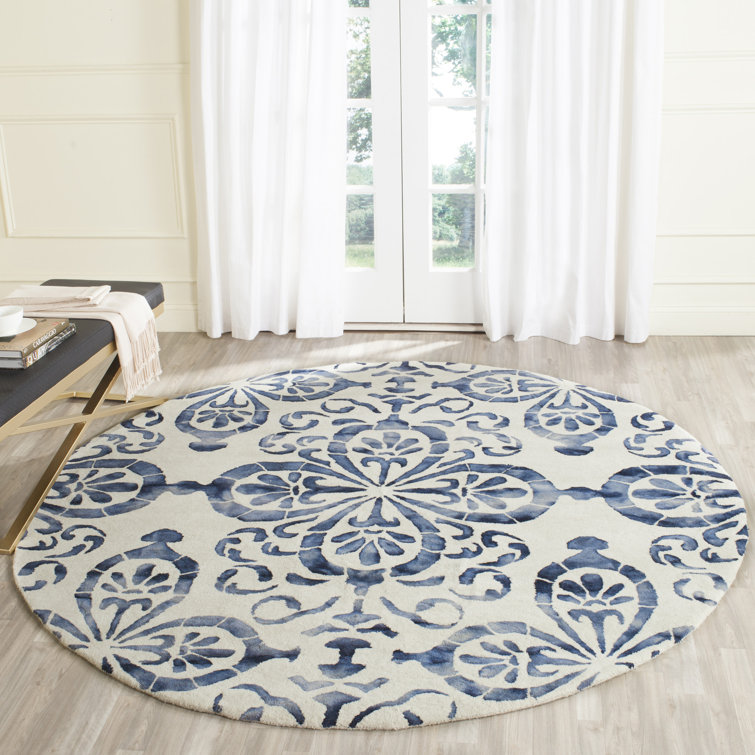 Ivory and Navy Hand-Tufted Wool Round Area Rug