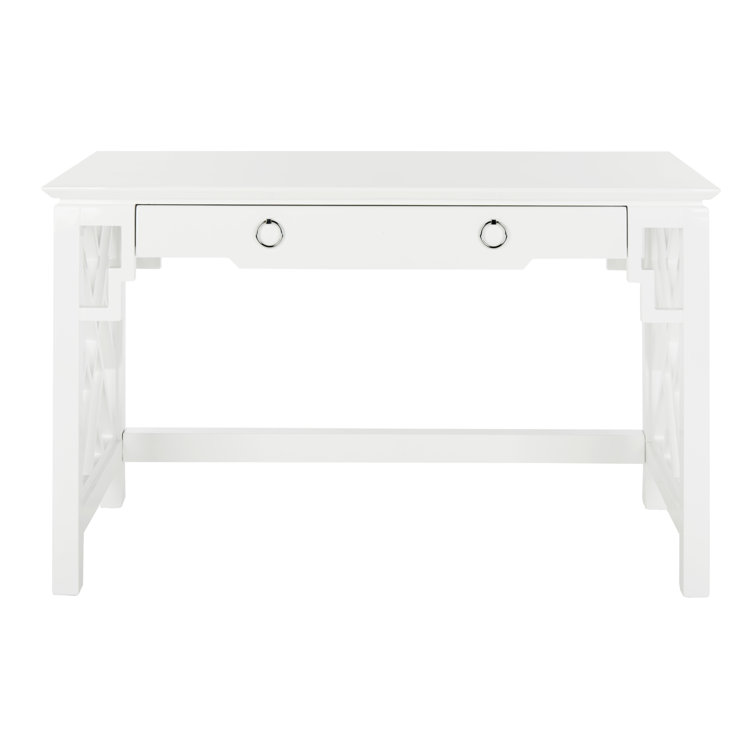 White Wood Writing Desk with Drawer and Lattice Design