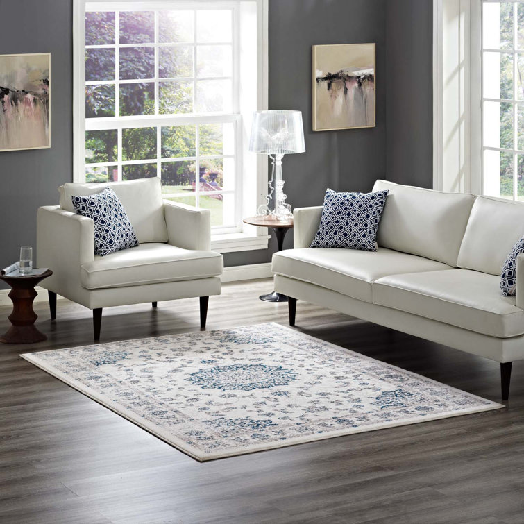 Ivory and Moroccan Blue Medallion Synthetic 5x8 Rug