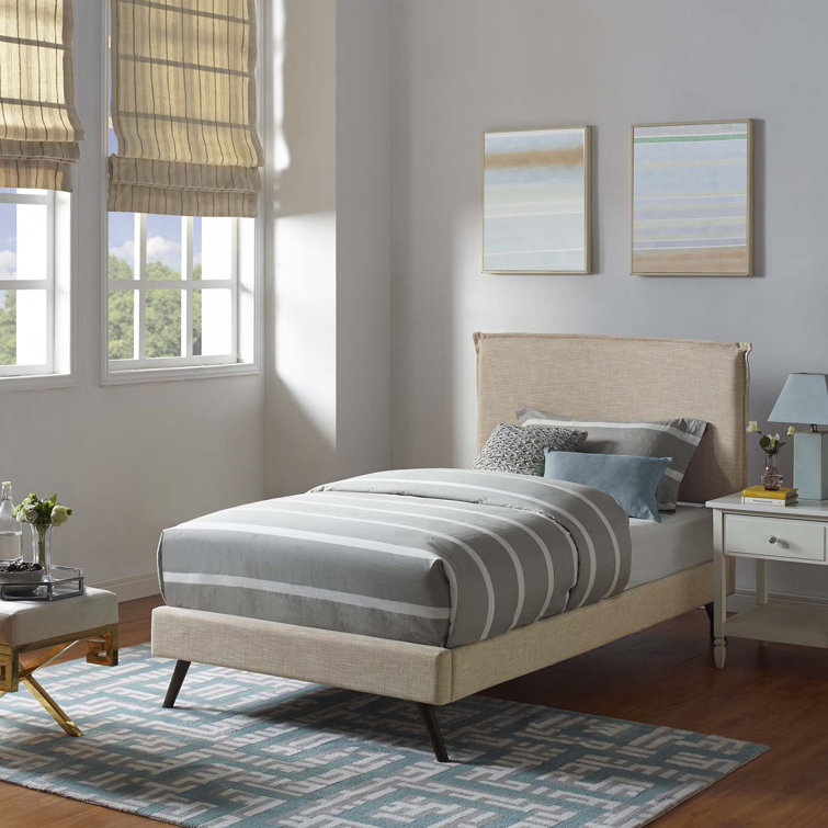 Beige Queen Upholstered Platform Bed with Wood Frame and Slats
