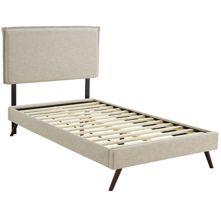 Beige Queen Upholstered Platform Bed with Wood Frame and Slats