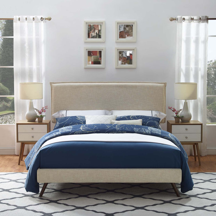 Beige Queen Upholstered Platform Bed with Wood Frame and Slats