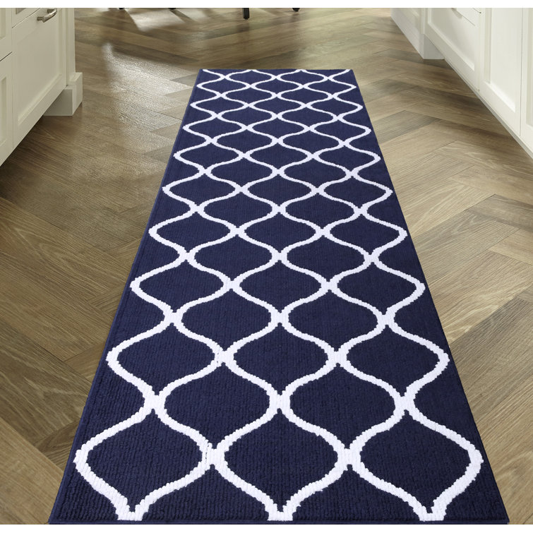 Navy Blue and White Geometric Tufted Runner Rug with Non-slip Backing