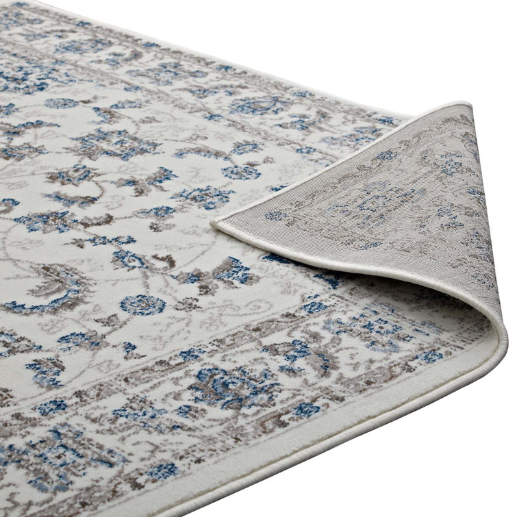 Ivory and Moroccan Blue Medallion Synthetic 5x8 Rug