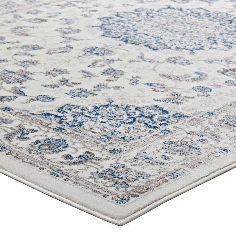 Ivory and Moroccan Blue Medallion Synthetic 5x8 Rug