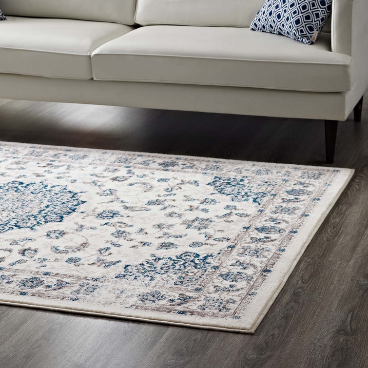 Ivory and Moroccan Blue Medallion Synthetic 5x8 Rug