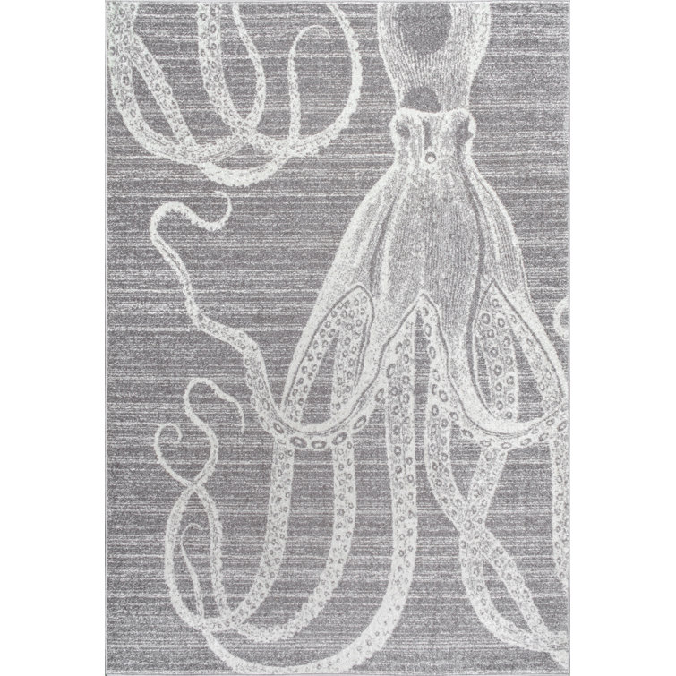 Contemporary Coastal Charm Gray Stripe Synthetic Area Rug, 5' x 8'