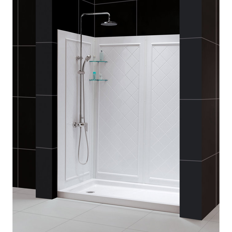 White Acrylic Square Alcove Shower Kit with Tile Pattern