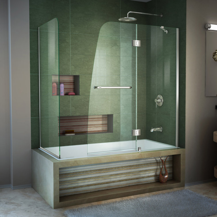 Aqua Frameless Clear Glass Hinged Tub Door with Brushed Nickel Hardware