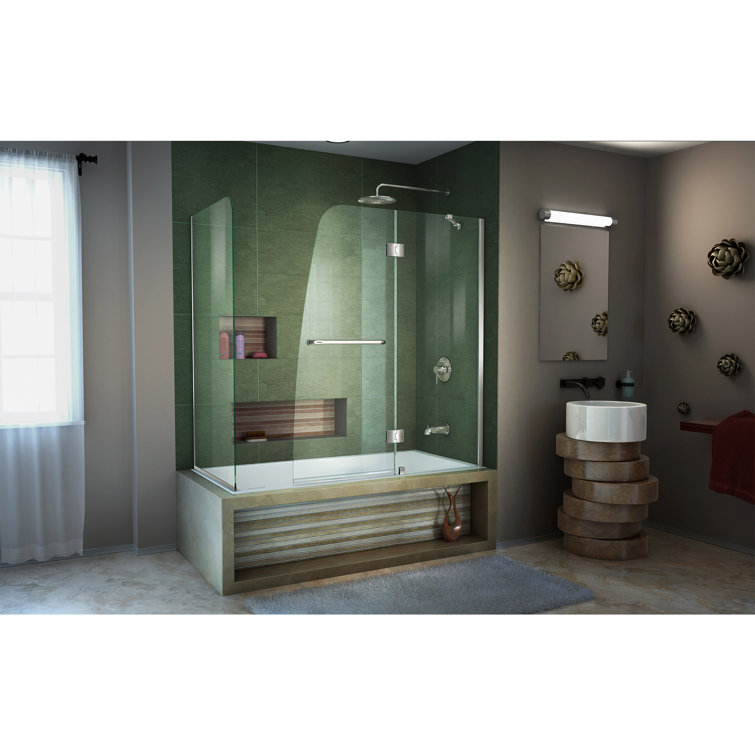 Aqua Frameless Clear Glass Hinged Tub Door with Brushed Nickel Hardware