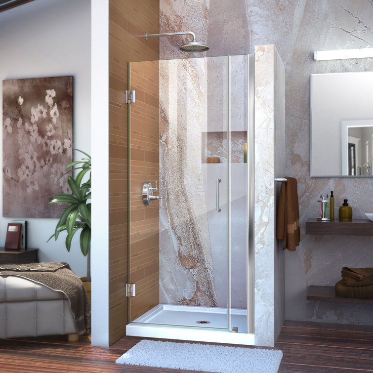 Unidoor Frameless Clear Glass Hinged Shower Door with Black Hardware