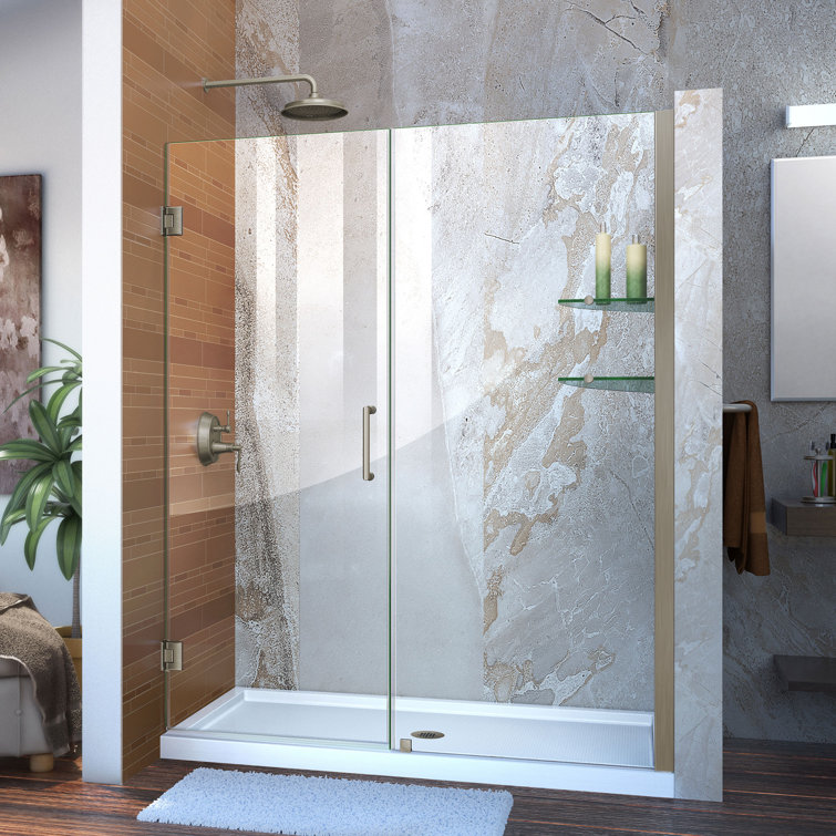 Unidoor 61" Frameless Clear Glass Hinged Shower Door with Black Hardware