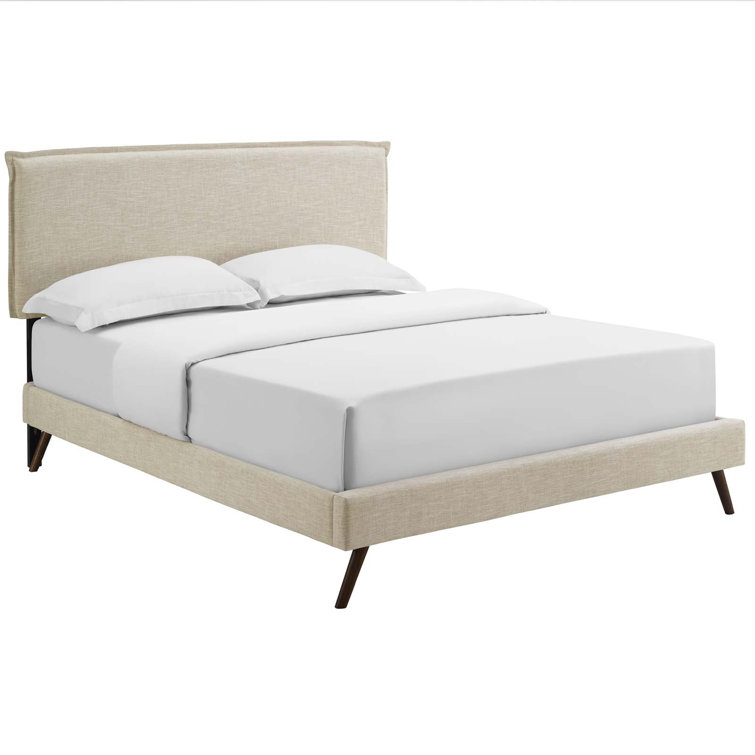 Beige Queen Upholstered Platform Bed with Wood Frame and Slats