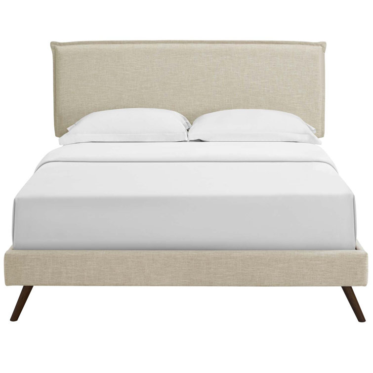 Beige Queen Upholstered Platform Bed with Wood Frame and Slats