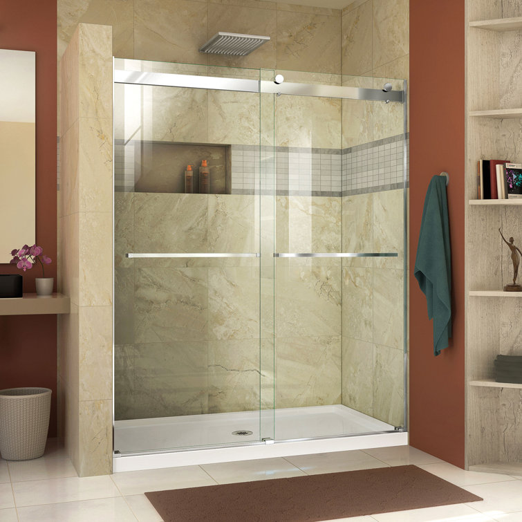 Essence Frameless Clear Glass Sliding Shower Door with Brushed Nickel Hardware