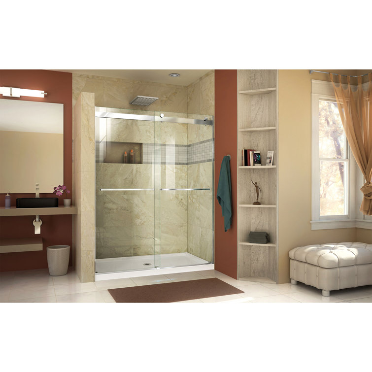 Essence Frameless Clear Glass Sliding Shower Door with Brushed Nickel Hardware