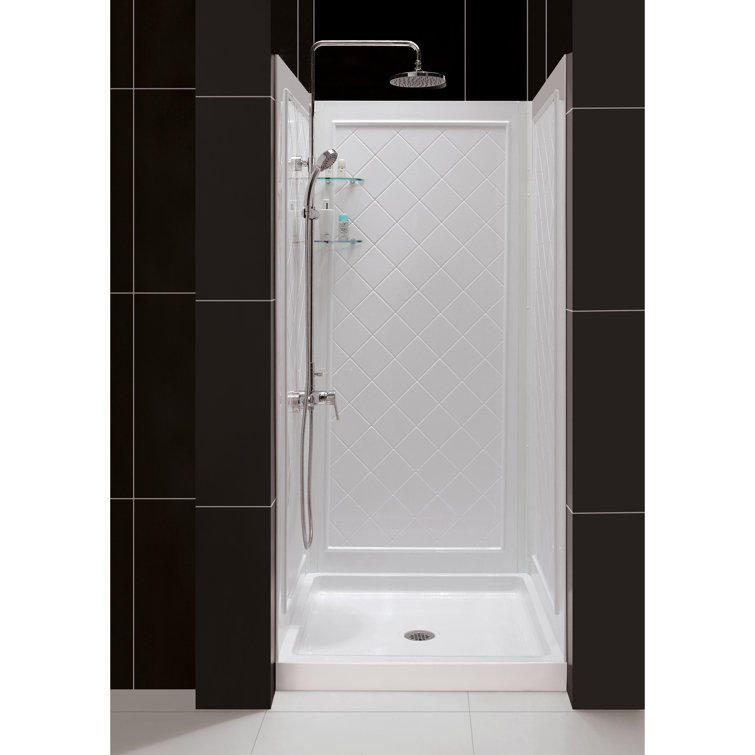 White Acrylic Square Alcove Shower Kit with Tile Pattern