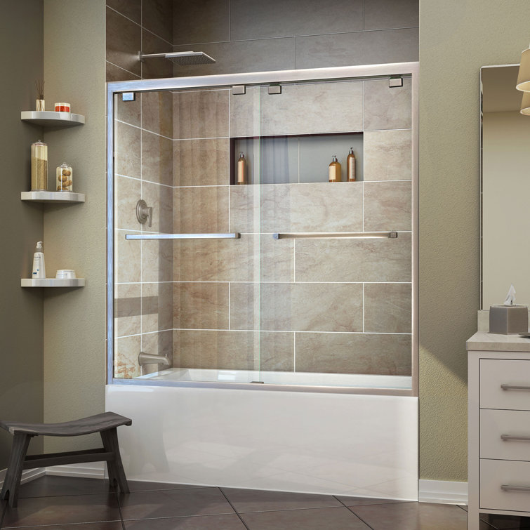 Encore 60" Frameless Clear Glass Sliding Tub Door in Brushed Nickel