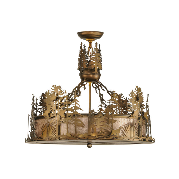 Rustic Lodge Bronze 4-Light Drum Chandelier with Amber Mica Shade