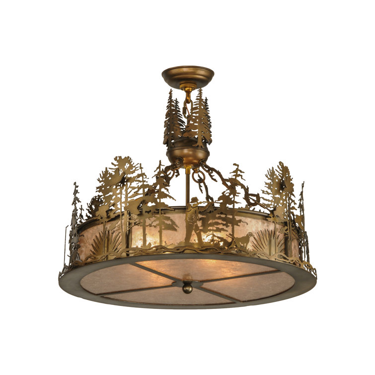 Rustic Lodge Bronze 4-Light Drum Chandelier with Amber Mica Shade