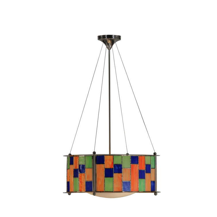 Sleek Brushed Nickel 3-Light Drum Chandelier with Stained Glass
